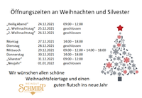 Öffnungszeiten Weingut Schmidt an Weihnachten und Silvester 2021